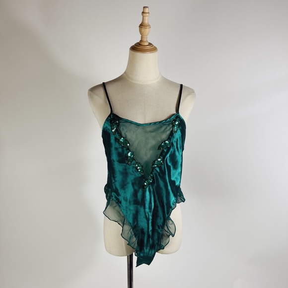 VINTAGE VICTORIAS SECRET Green Sequin Sheer & Satin Teddy Lingerie Bodysuit Sm